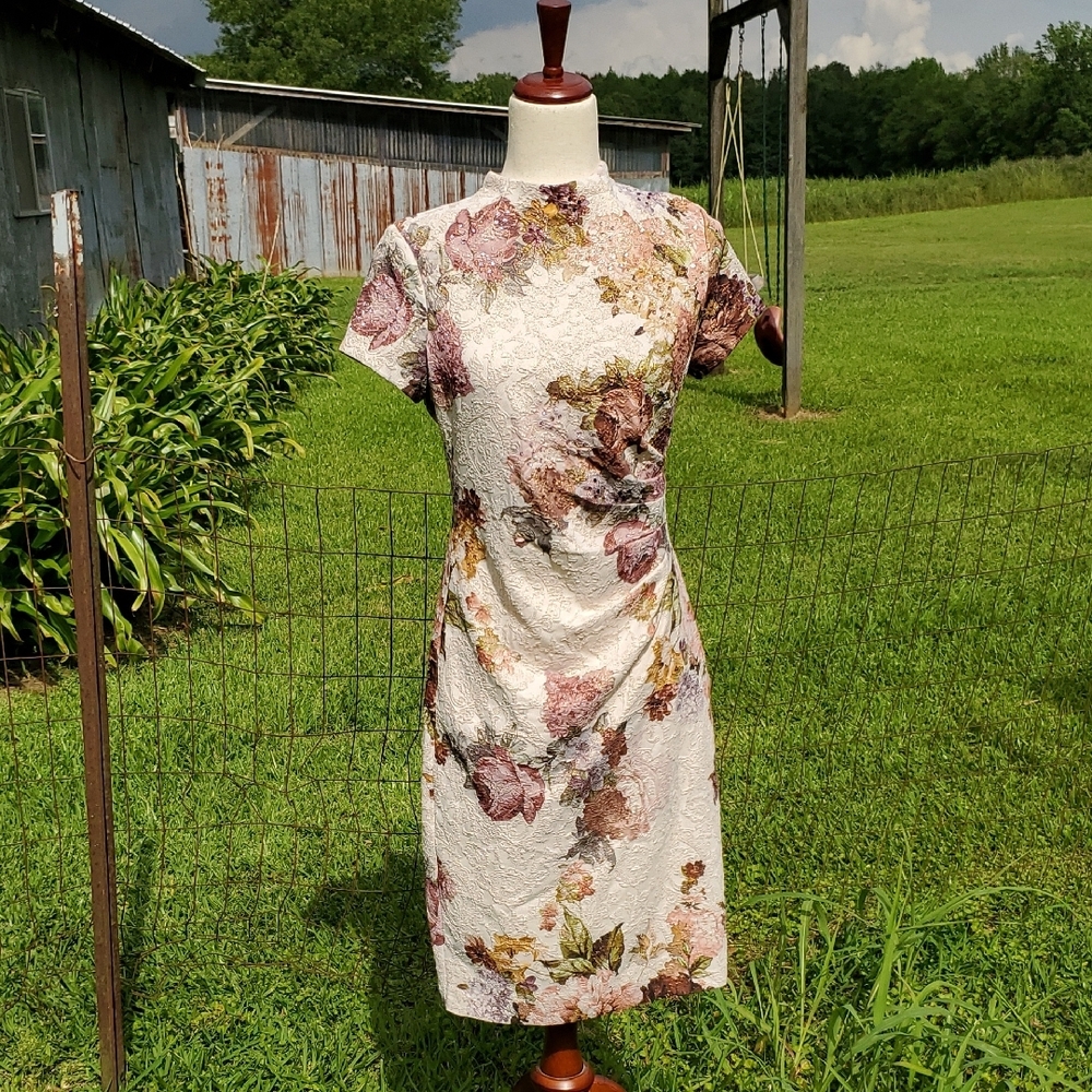 Adrianna Papell Floral Lace Midi Dress in Ivory with Pink and Gold Accents
